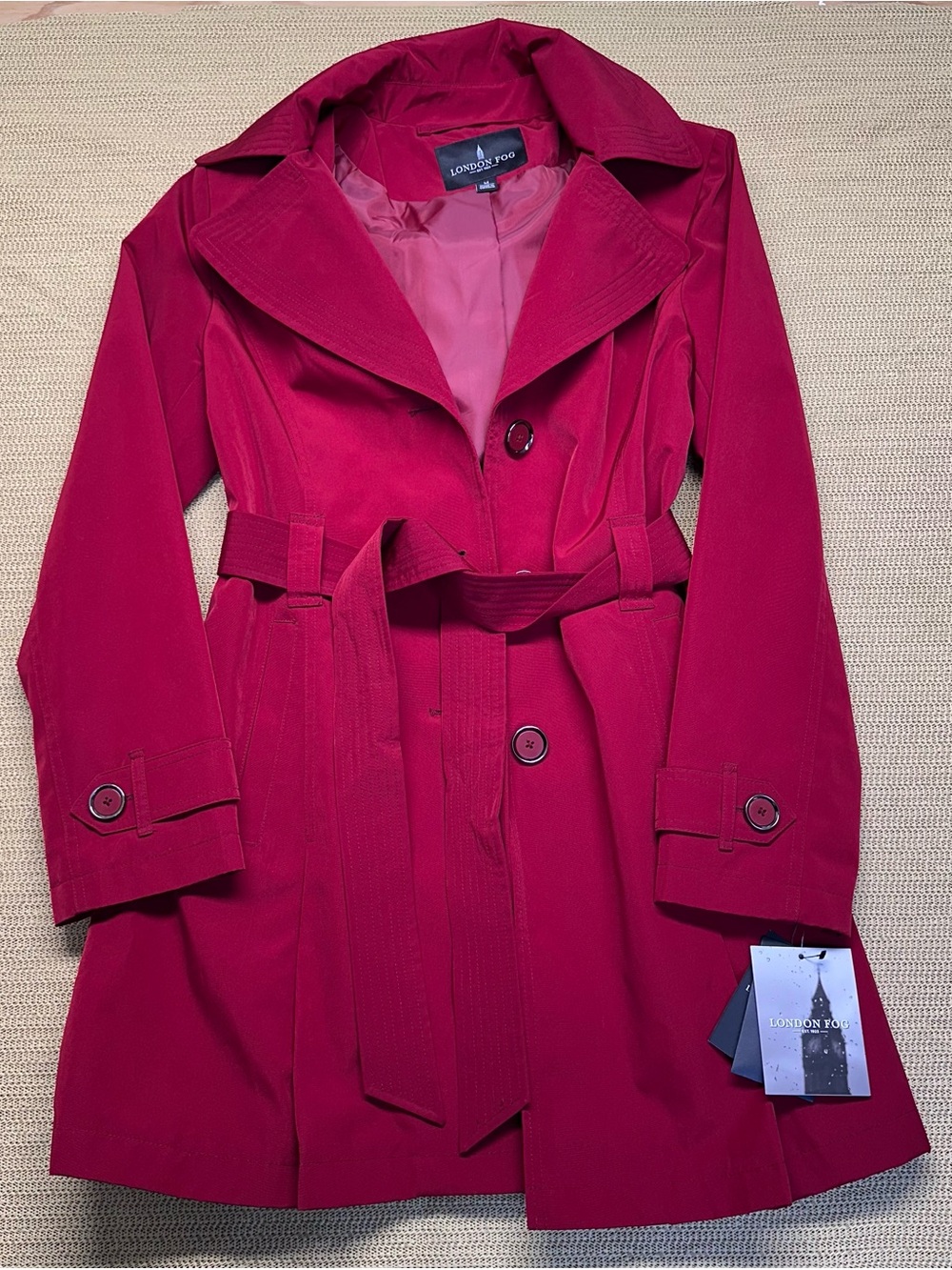 NWT London Fog Women's Size M Raspberry Red Belted Trench Coat